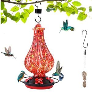 20 oz - Hand Blown Glass Hummingbird Feeder for Outdoors